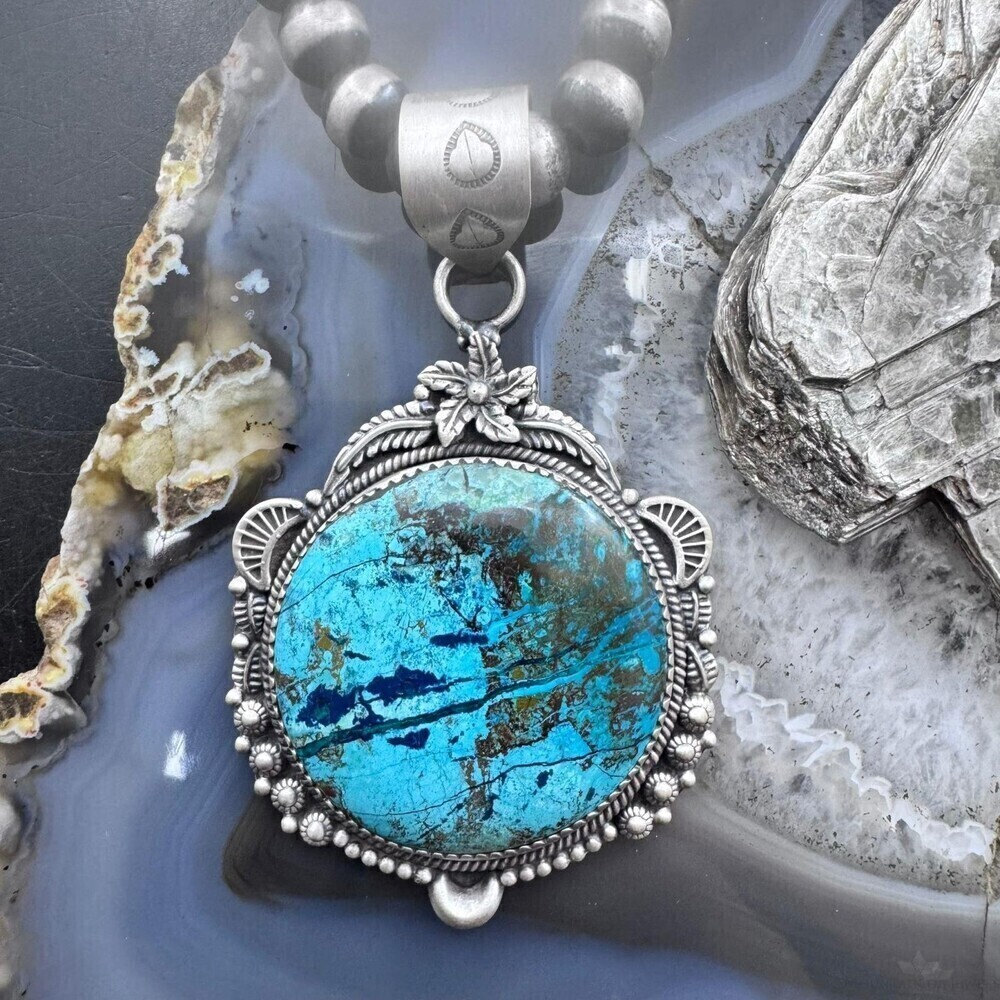 Sterling Southwestern Style Large Round Chrysocolla Decorated Pendant For Women